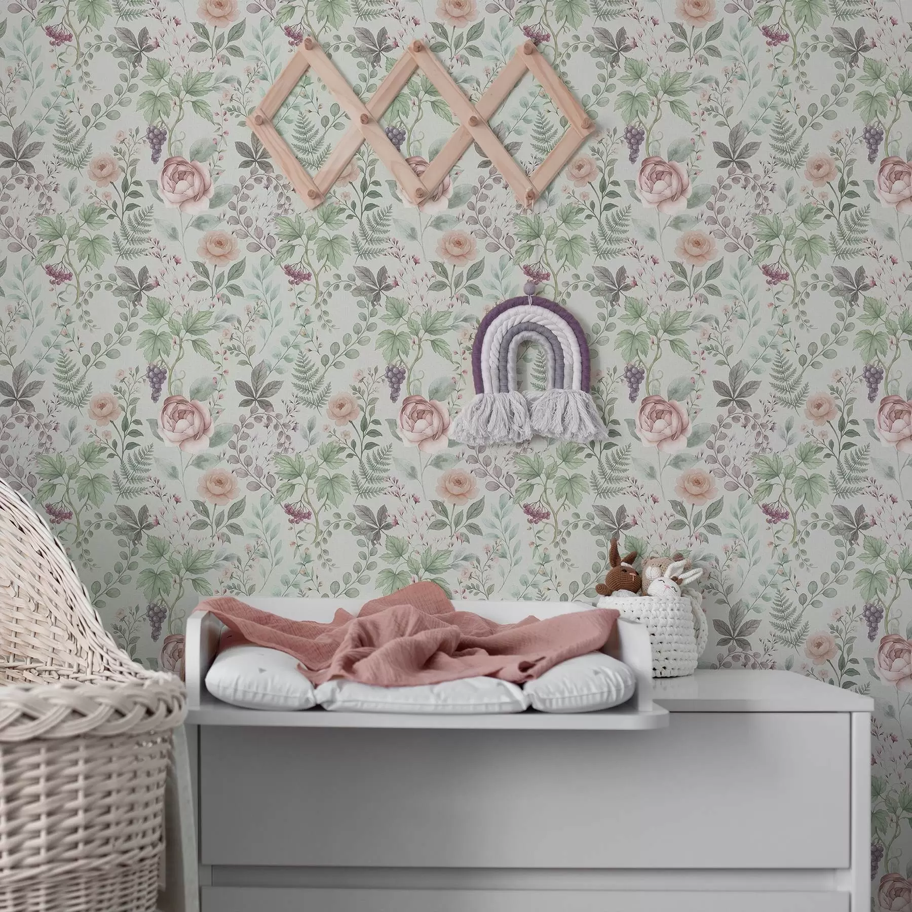 peintures murales Jardin pastel avec roses, fougères et raisins a00867