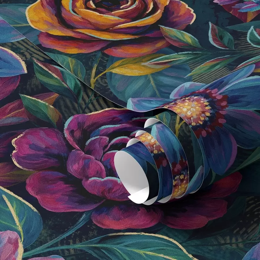 murais de parede Flores vibrantes em tons de joias sobre um fundo azul-marinho profundo a00871