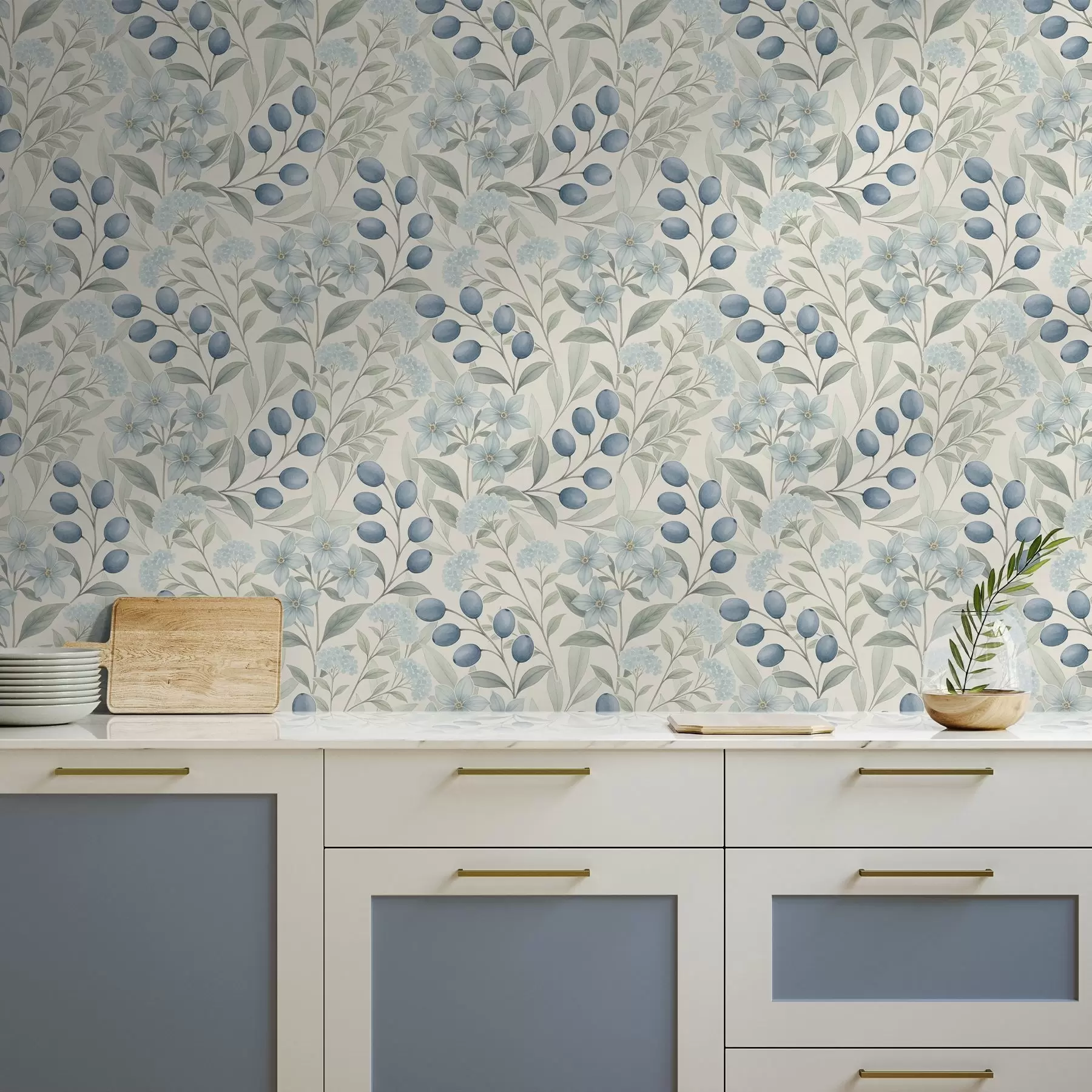 wall murals Blue berries and light flowers on ivory a00872