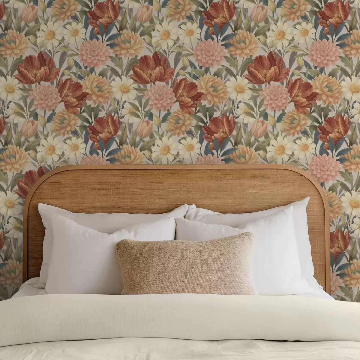 Wallpaper Vintage garden blooms in warm terracotta and peach a00874