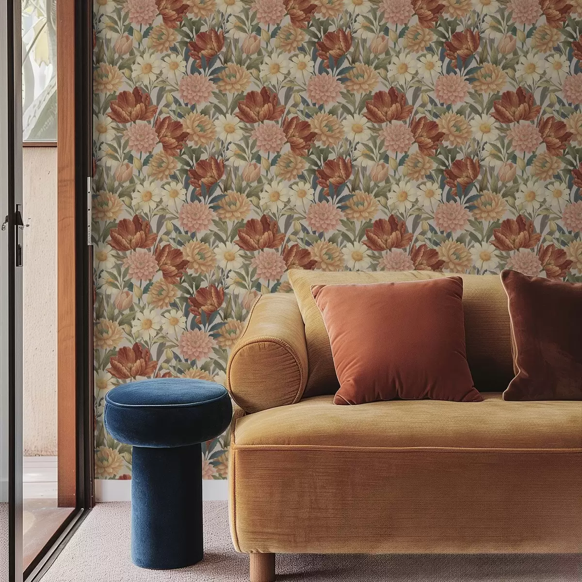 Wallpaper Vintage garden blooms in warm terracotta and peach a00874