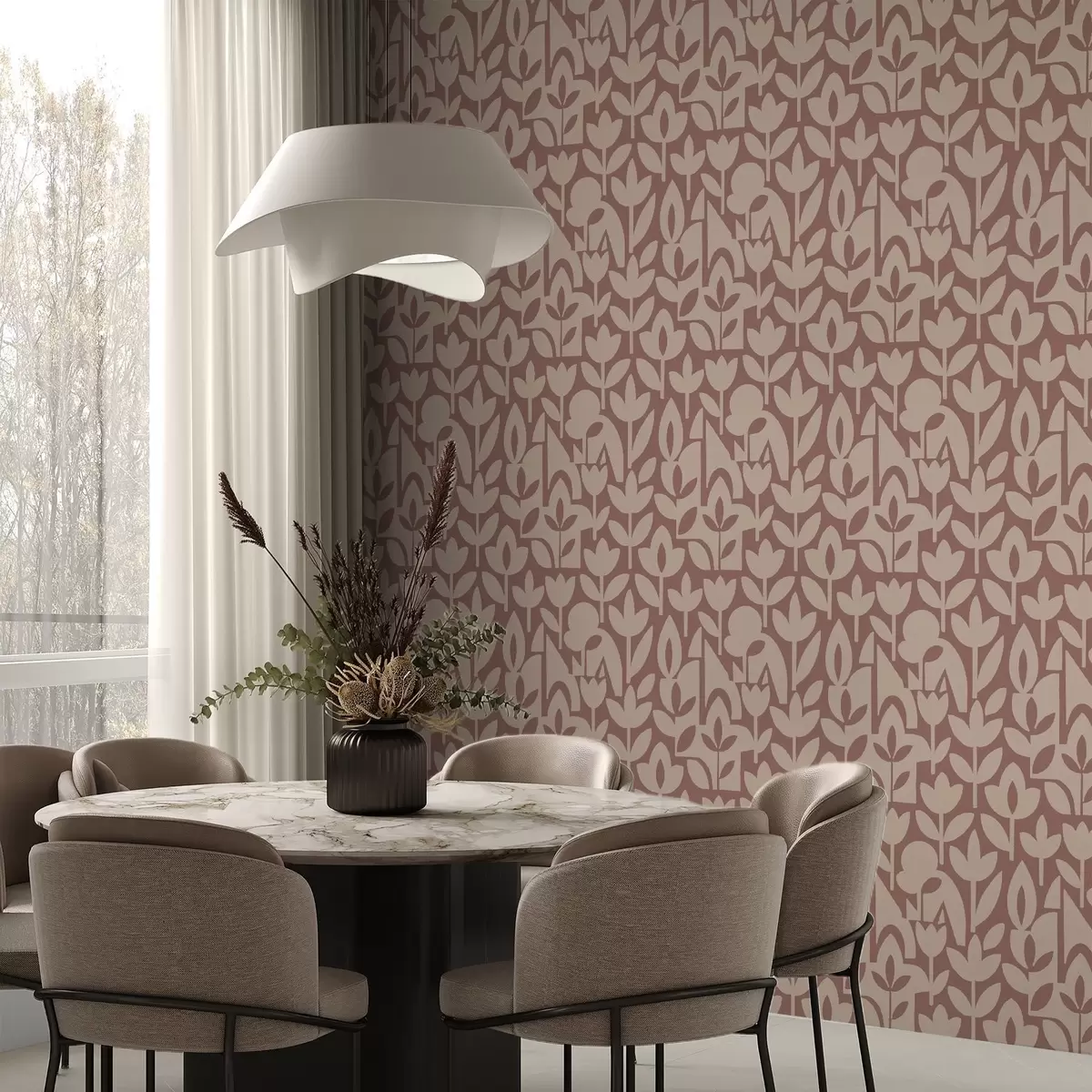 Wallpaper Geometric floral silhouettes in terracotta and cream a00875v2