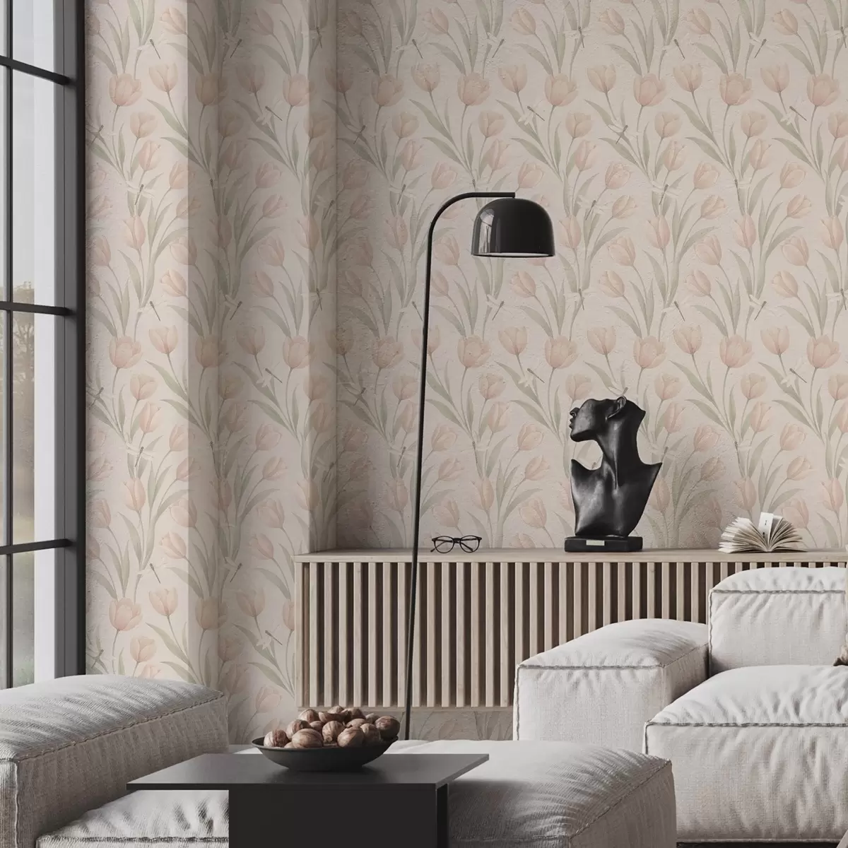 Wallpaper Pastel tulips with dragonflies on blush a00876