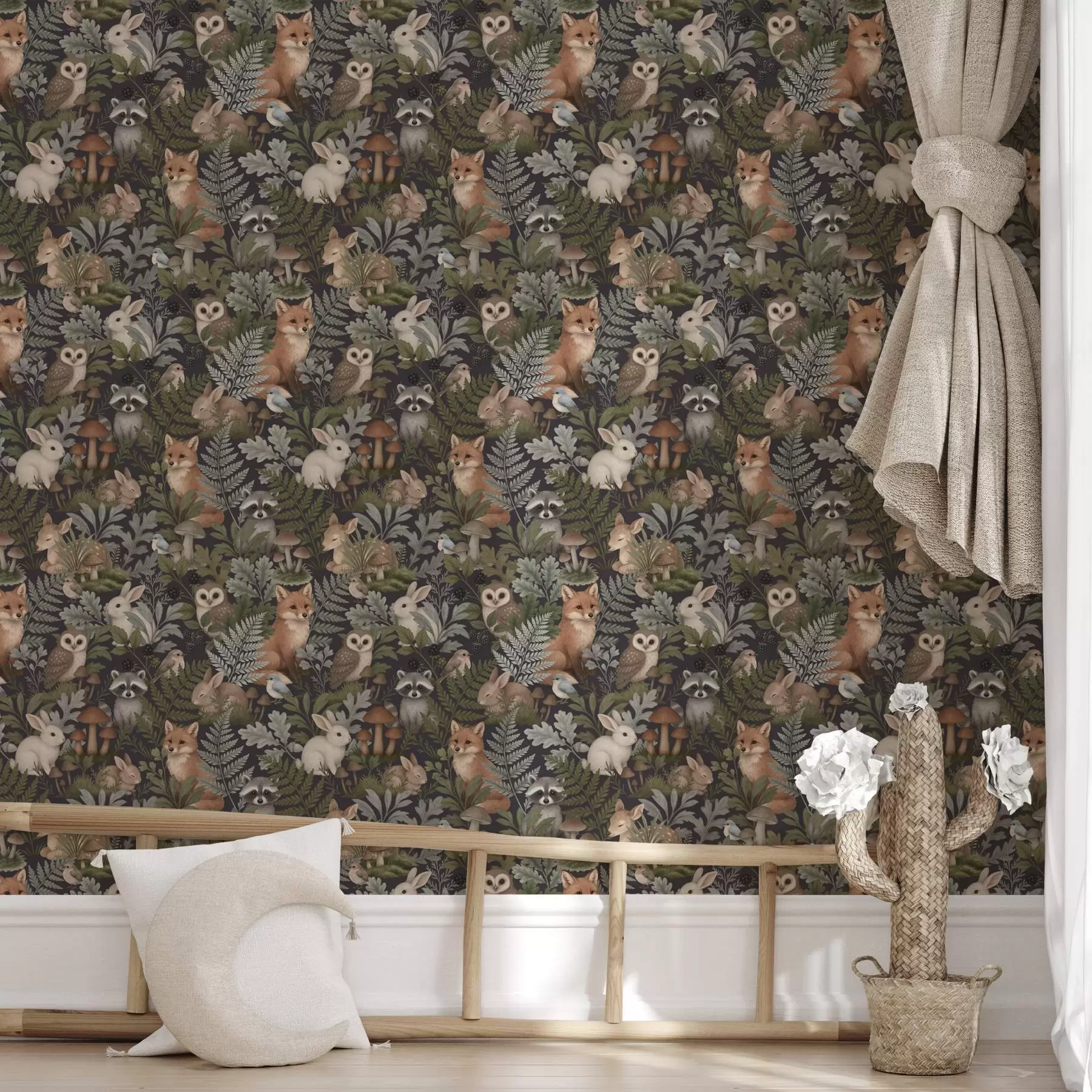 wall murals Woodland animals and ferns on deep charcoal a00880