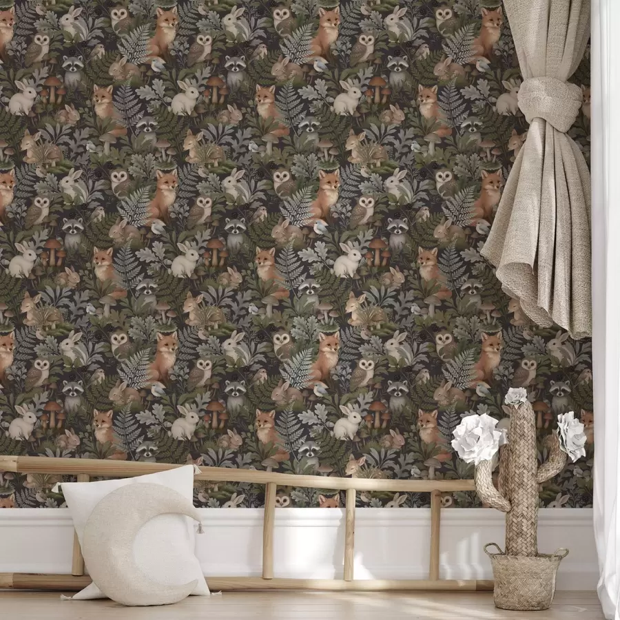 peintures murales Animaux des bois et fougères sur fond charbon foncé a00880