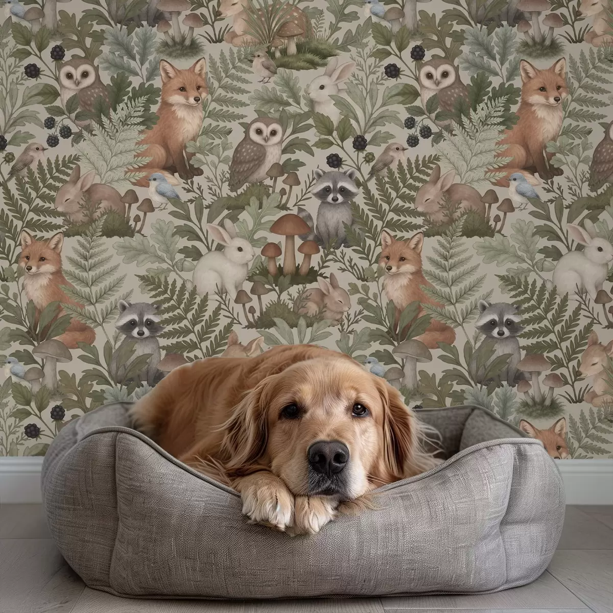 Wallpaper Woodland animals, ferns and mushrooms on light beige a00880v1