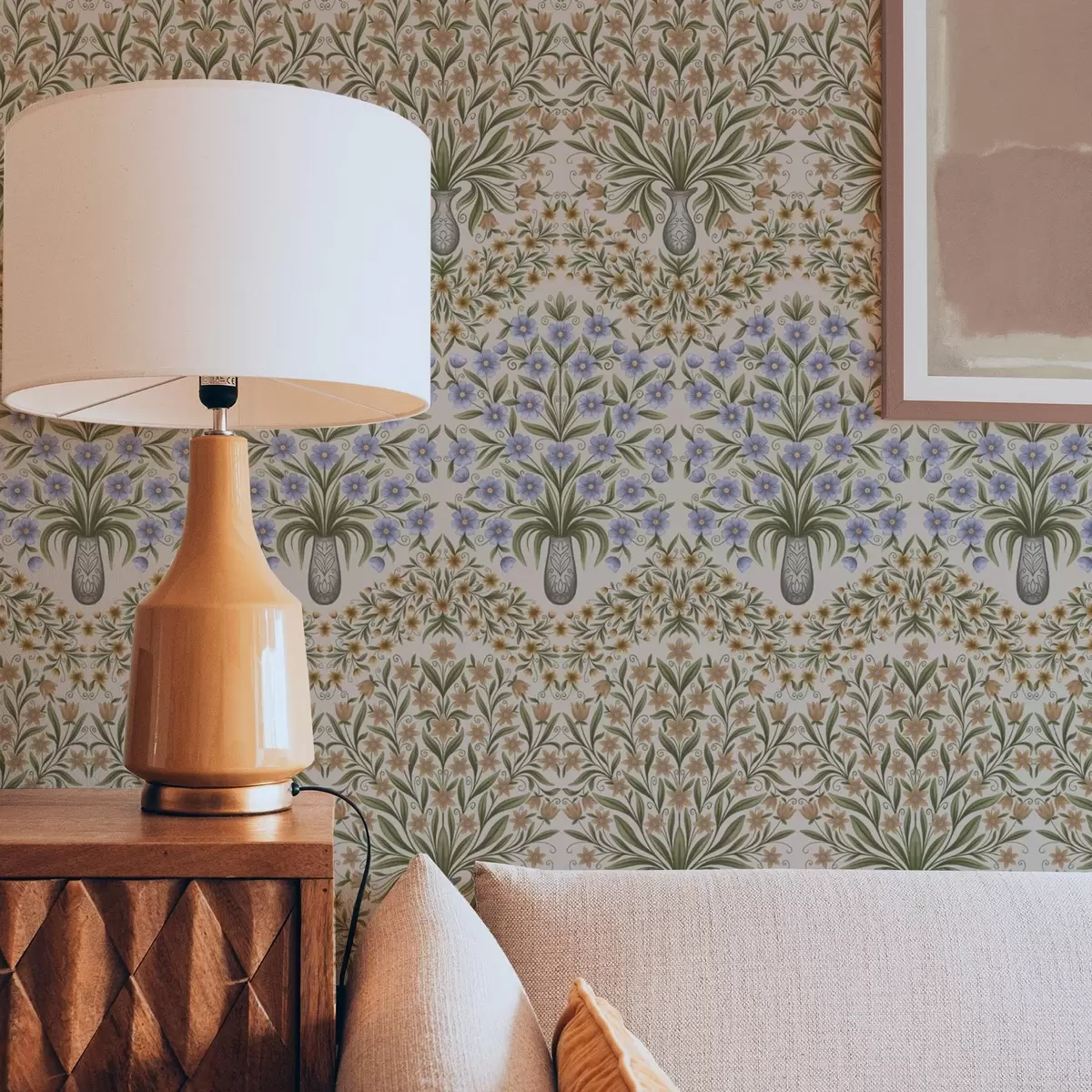 Wallpaper Folk vases with blue blossoms and olive leaves on blush a00900