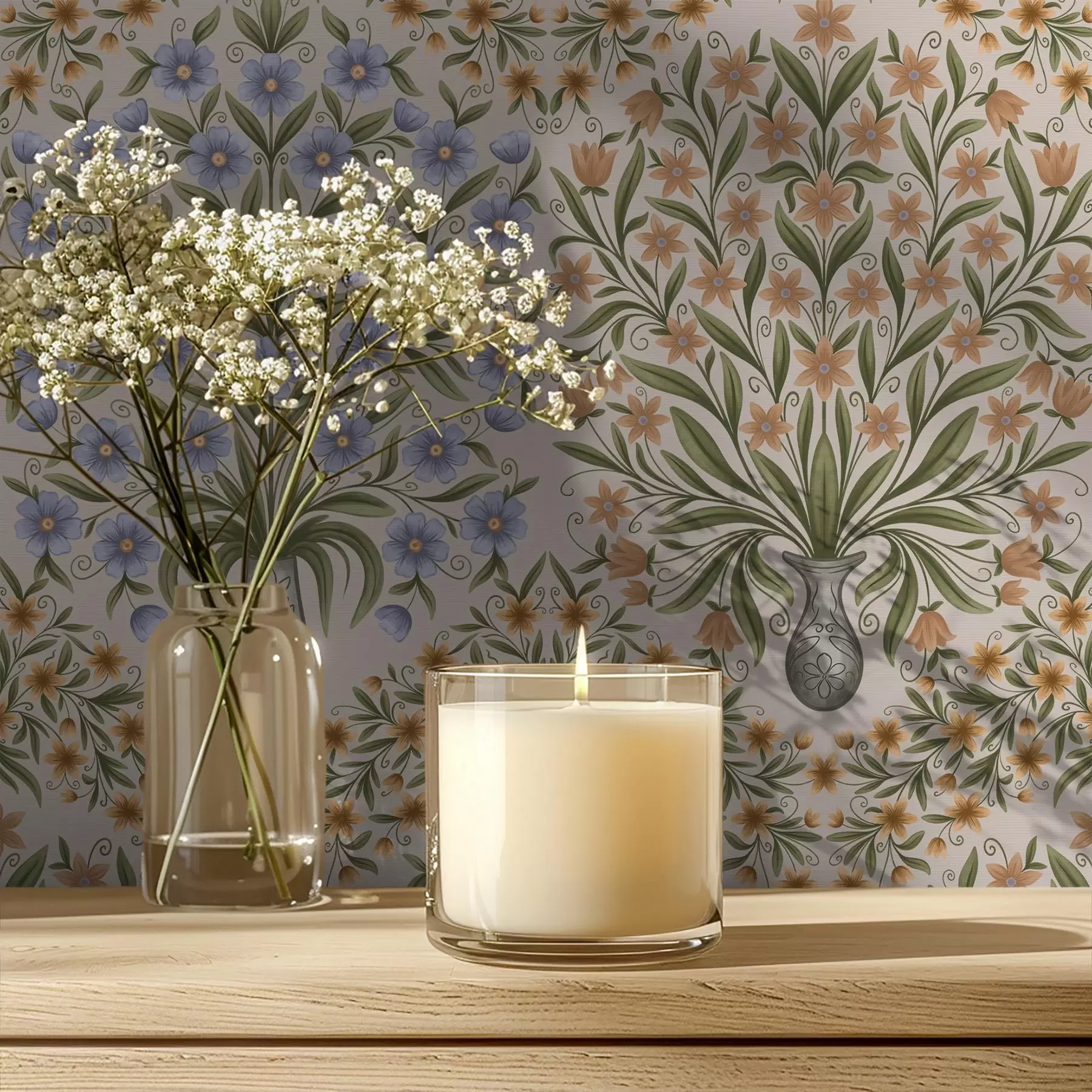 wall murals Alternating vases and blue florals in sage on blush a00901