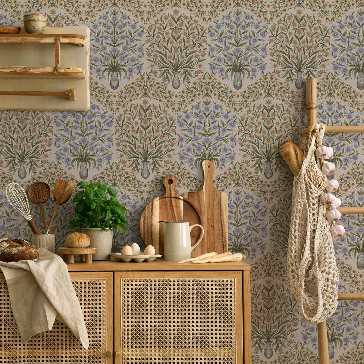 Wallpaper Alternating vases and blue florals in sage on blush a00901