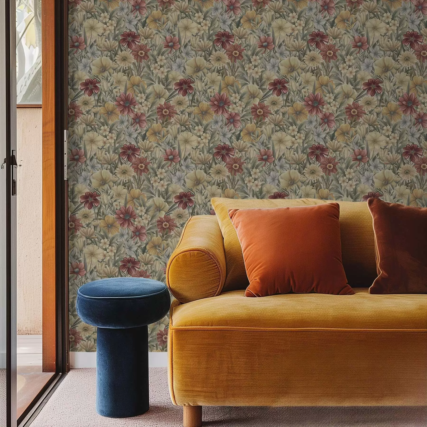 Wall Mural Photo Wallpaper Vintage meadow blooms in warm yellows, reds and sage a00906