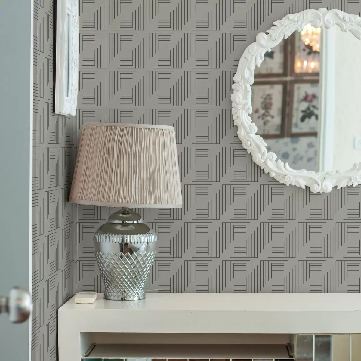 Wallpaper Linear corner blocks forming squares on warm gray a00907