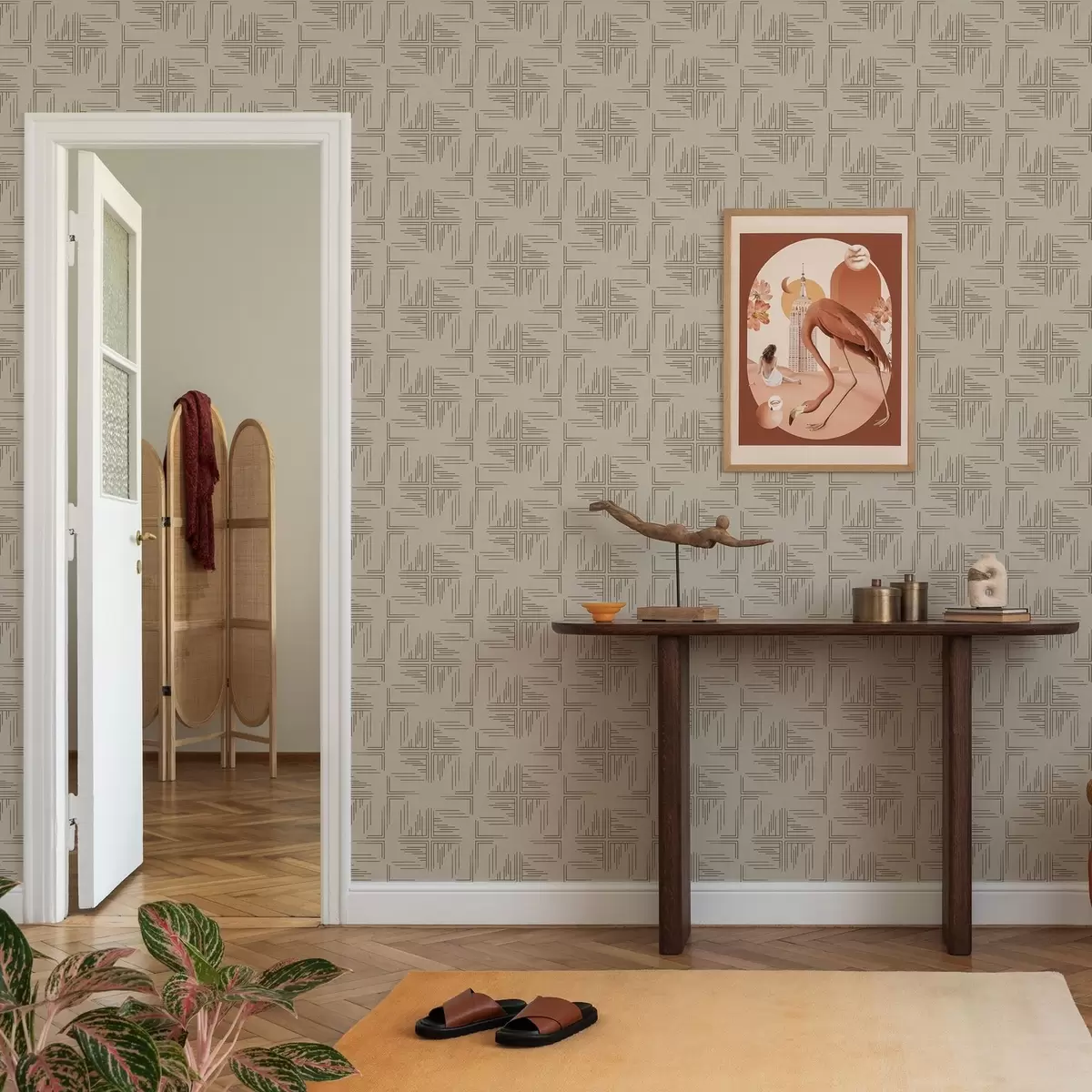 Wallpaper Offset cocoa corner blocks with scattered line accents, beige a00912