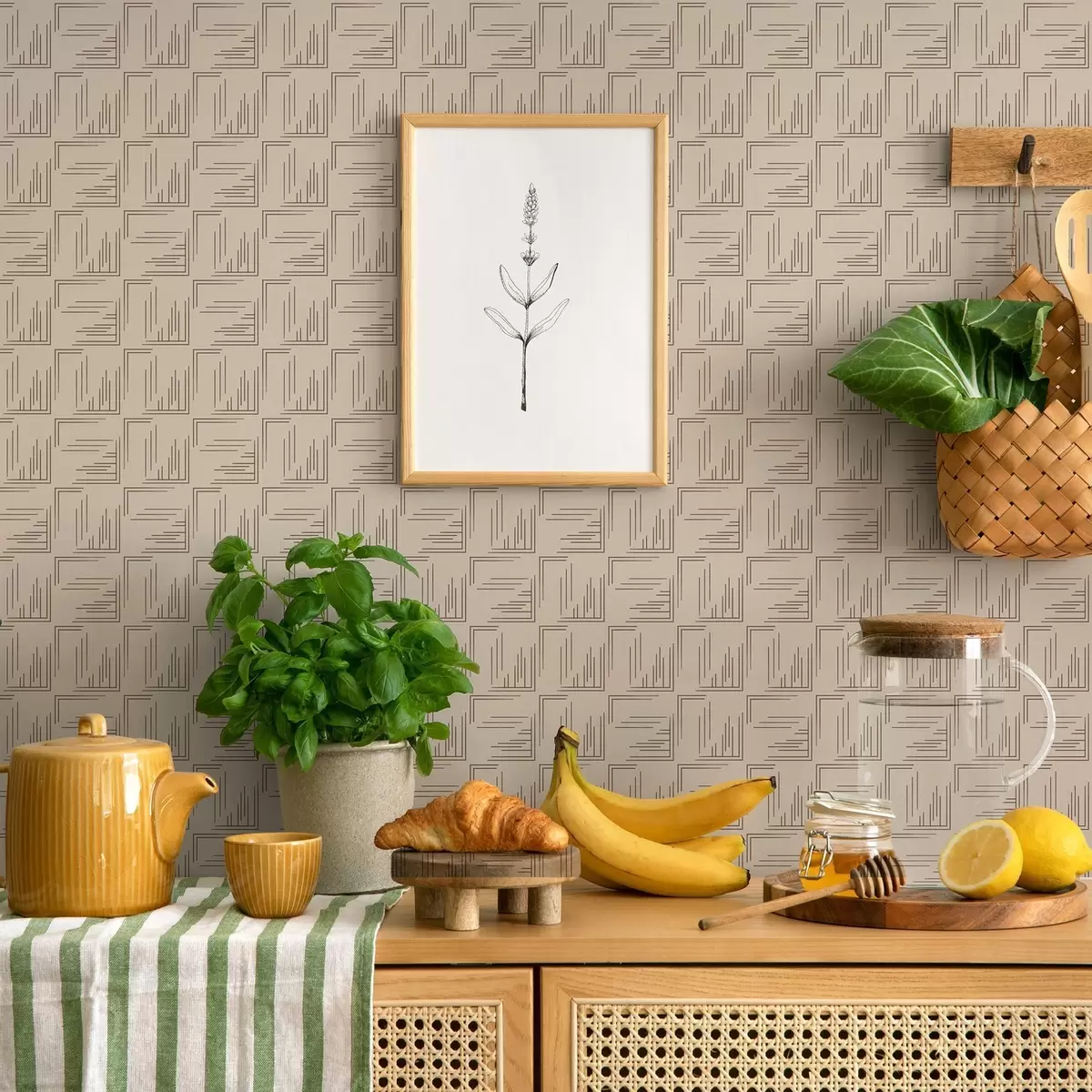 Wallpaper Large cocoa corner squares with varied line fills, sand a00913