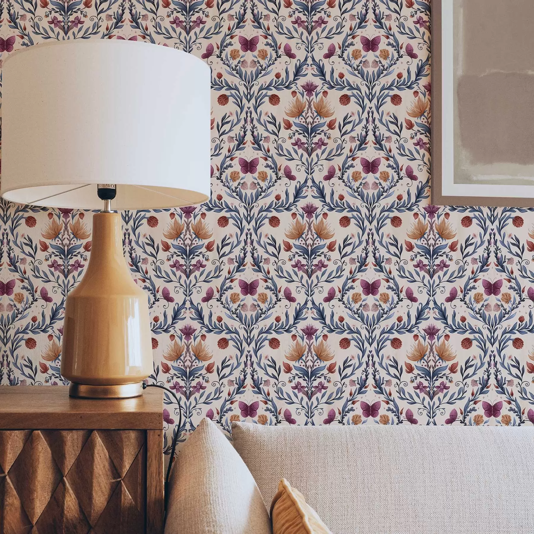 murales Damasco floral con mariposas sobre fondo melocotón suave a00926