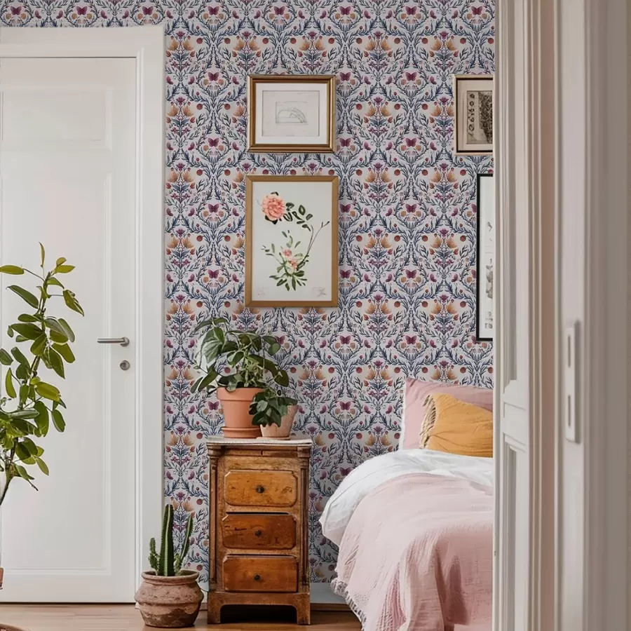 murales Damasco floral con mariposas en azul marino y terracota sobre fondo blanco. a00926v1