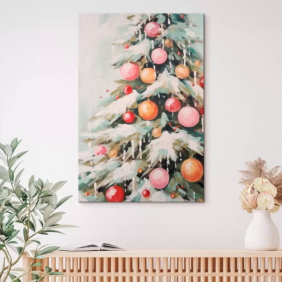 murales Árbol de Navidad con nieve y bolas rosas s46480