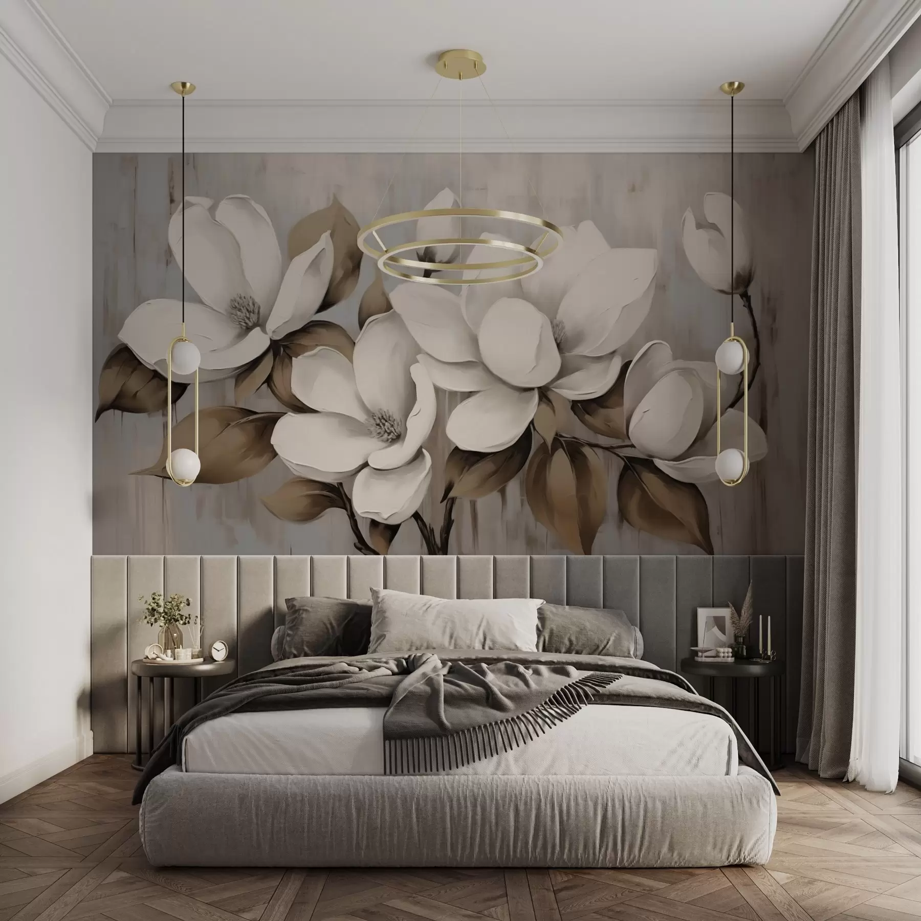 Wall Mural Photo Wallpaper Large magnolia blossoms with taupe leaves on brushed backdrop w04785