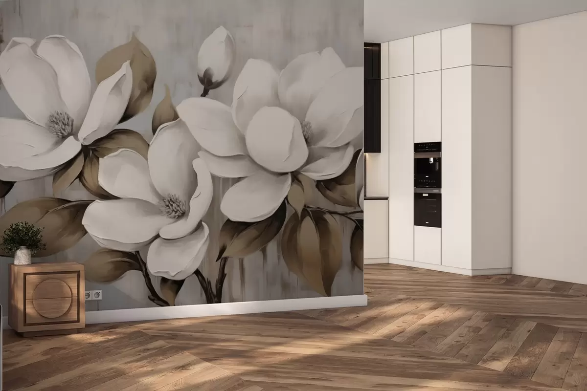 wall murals Large magnolia blossoms with taupe leaves on brushed backdrop w04785