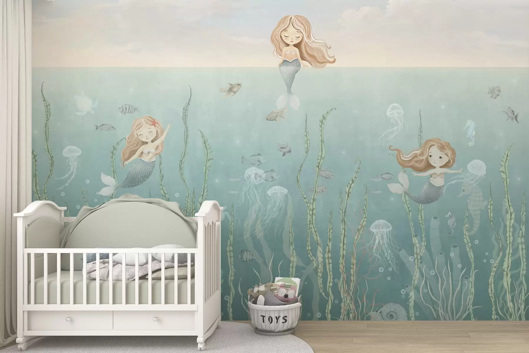 Wall Mural Photo Wallpaper Playful mermaids undersea with seaweed, jellyfish and fish w04860