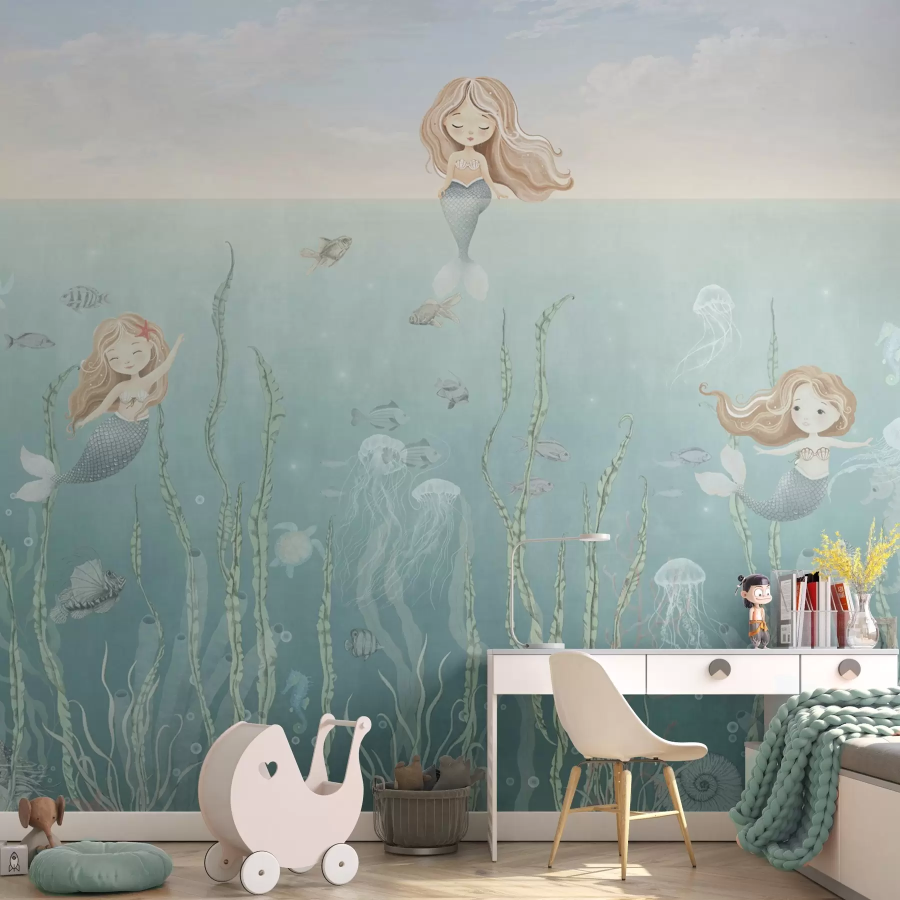 Wall Mural Photo Wallpaper Playful mermaids undersea with seaweed, jellyfish and fish w04860