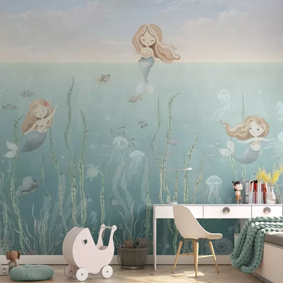 peintures murales Sirènes espiègles sous-marines avec algues, méduses et poissons w04860