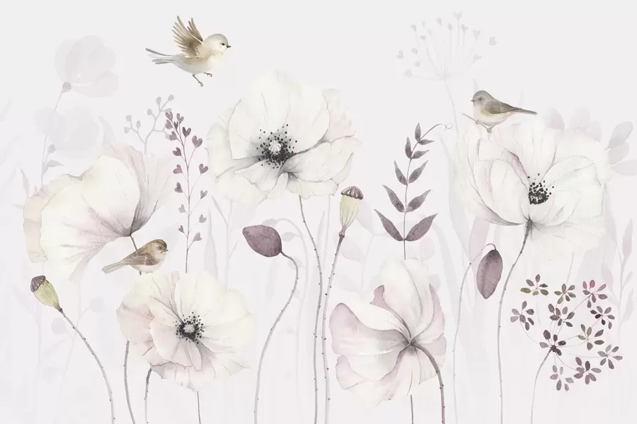 wall murals Watercolor poppies with small birds in soft mauve w04861
