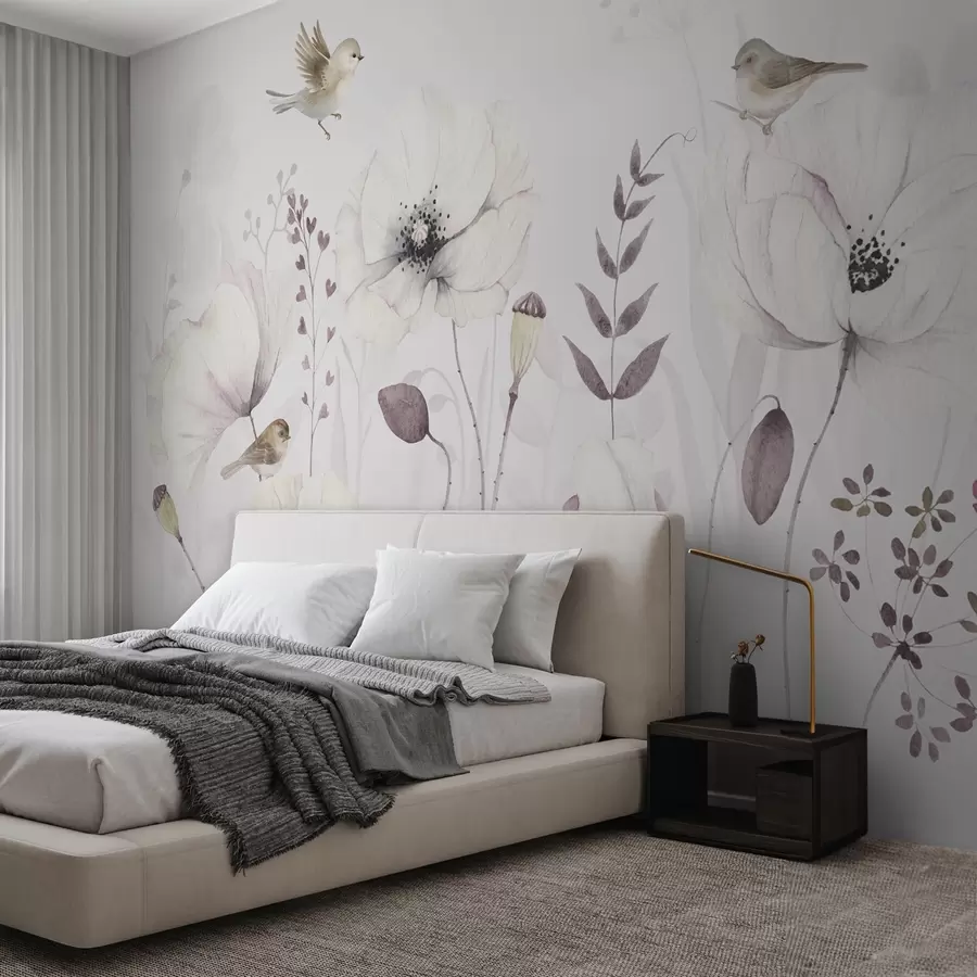 murales Amapolas acuareladas con pequeños pájaros en suave color malva w04861