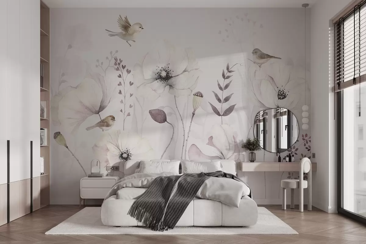 wall murals Watercolor poppies with small birds in soft mauve w04861