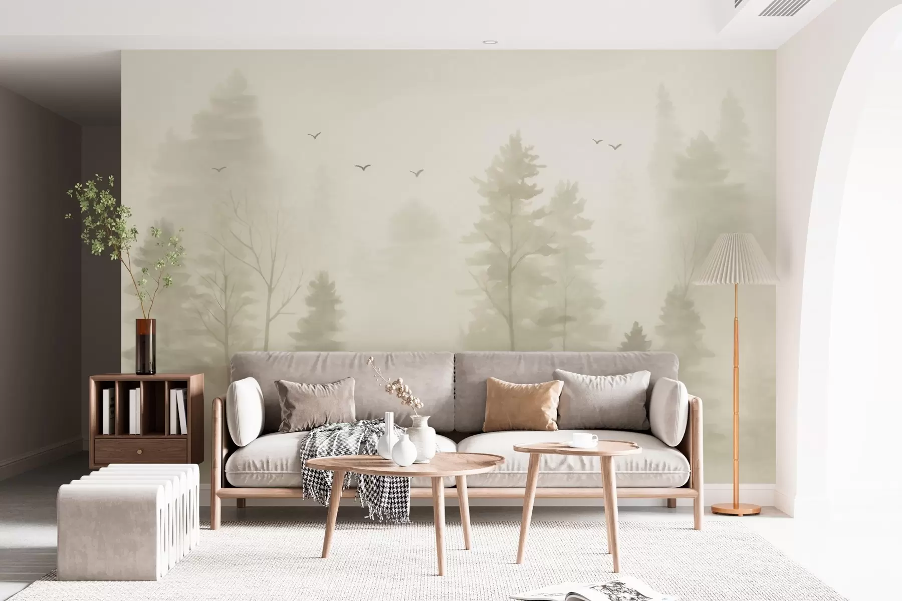 murales Bosque aéreo en tonos beige, estilo acuarela. w04872