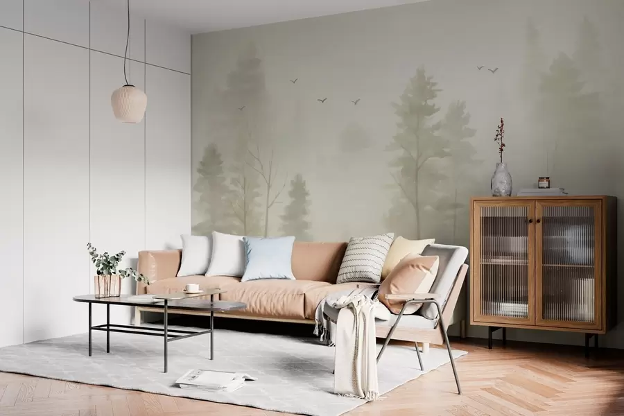 murales Bosque aéreo en tonos beige, estilo acuarela w04872