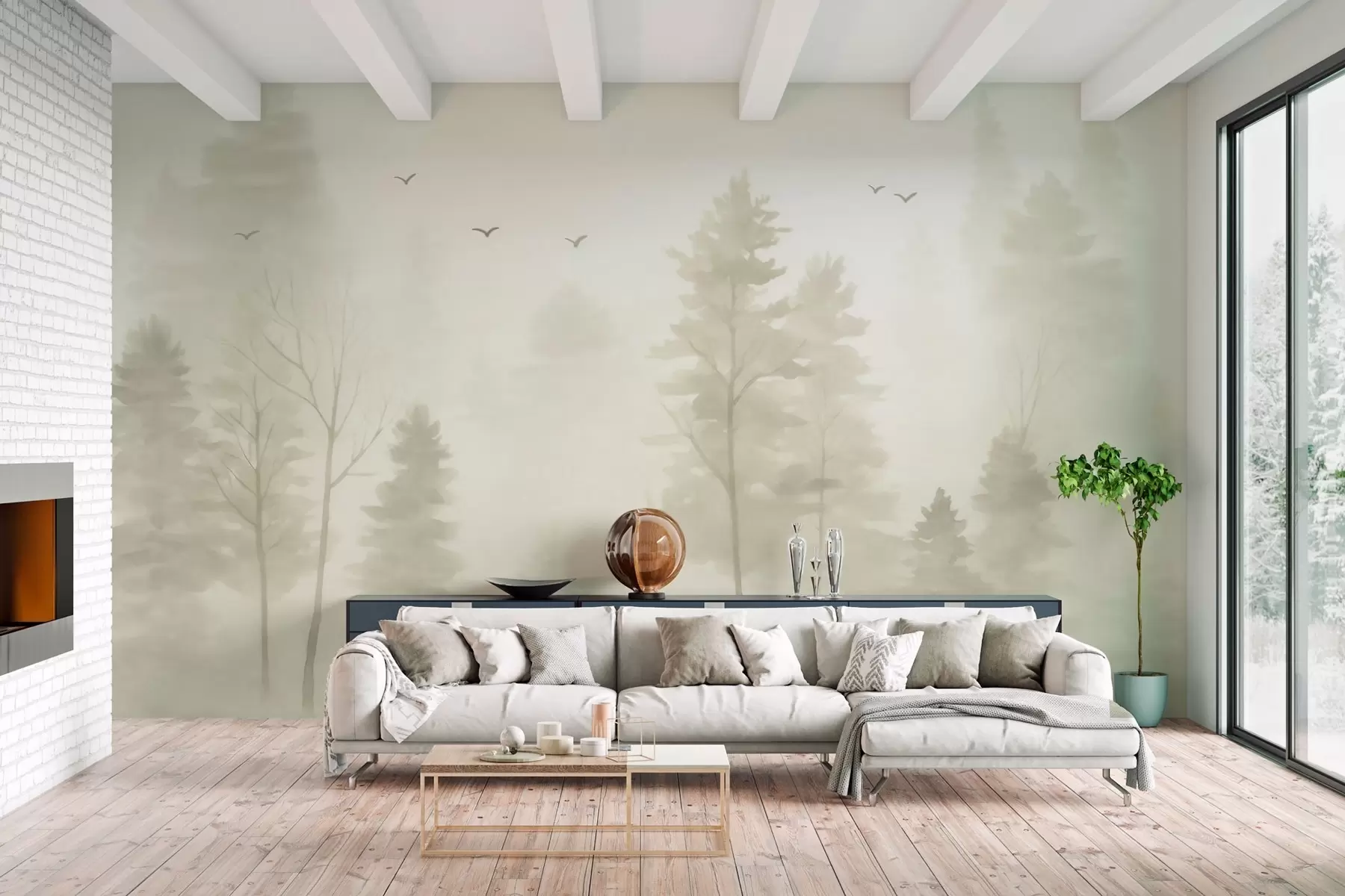 murales Bosque aéreo en tonos beige, estilo acuarela. w04872