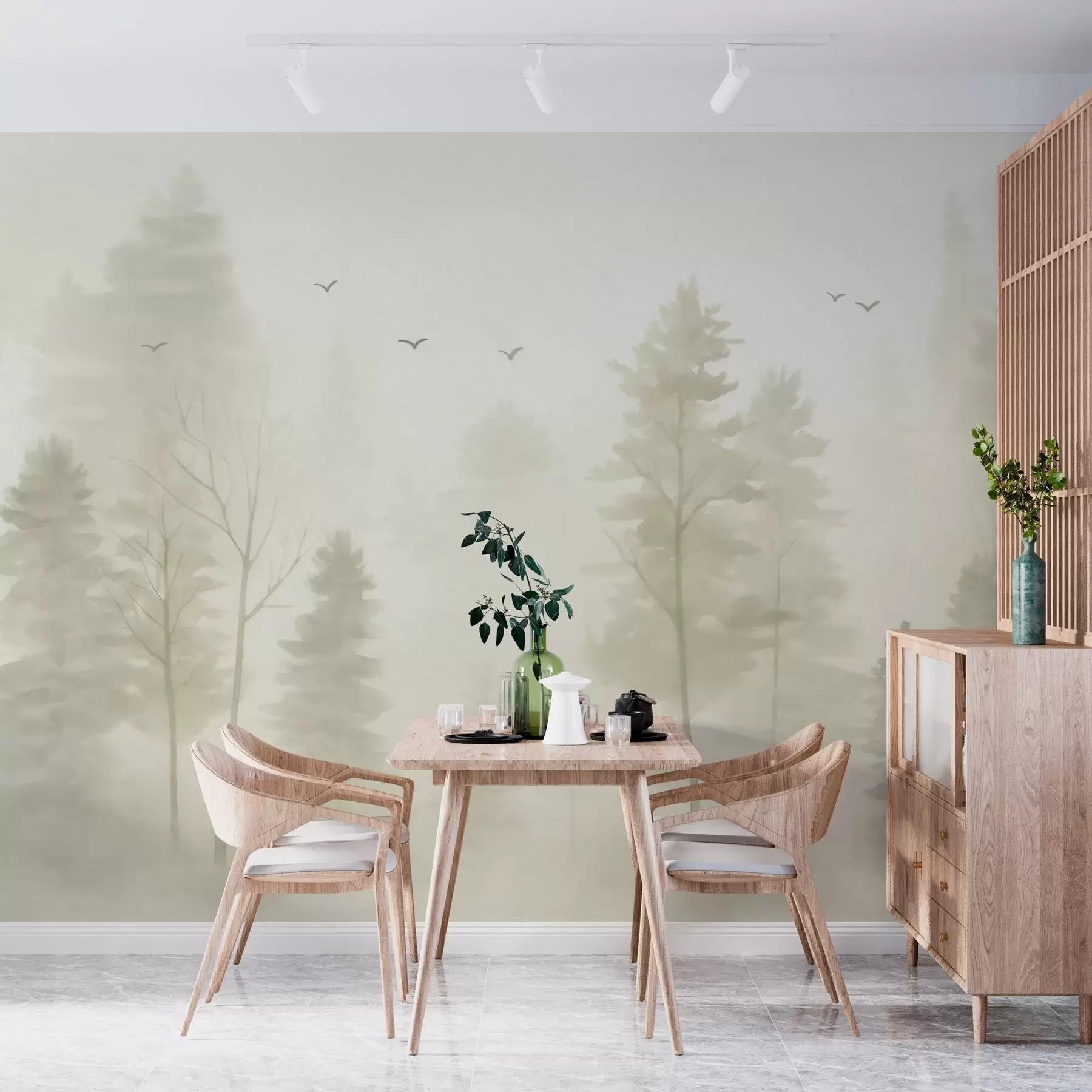 peintures murales forêt aérienne de style aquarelle dans des tons beiges w04872