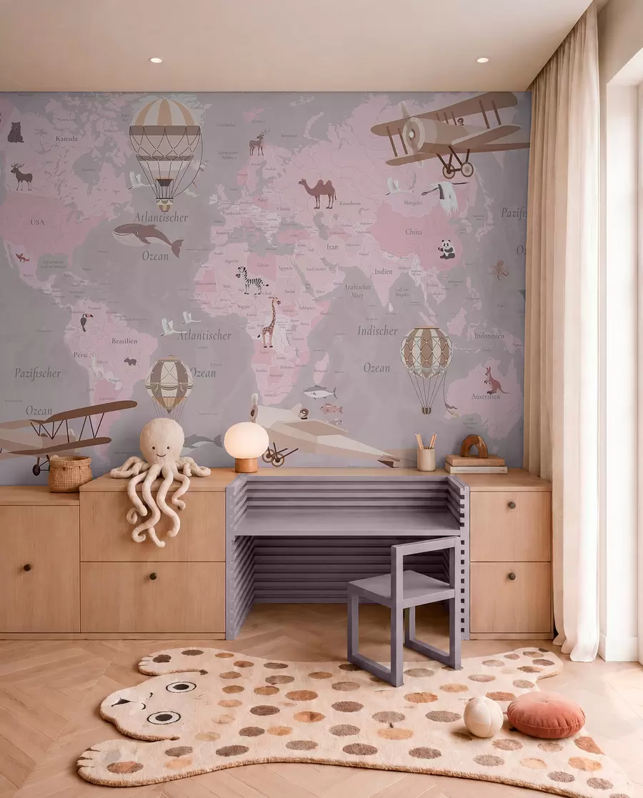 murales Mapa del mundo para niños con animales, aviones y globos aerostáticos. En alemán. Color rosa. c00003dev3