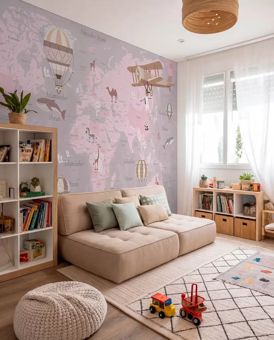 wall murals World map for children with animals, airplanes, and hot air balloons. German language. Pink color. c00003dev3