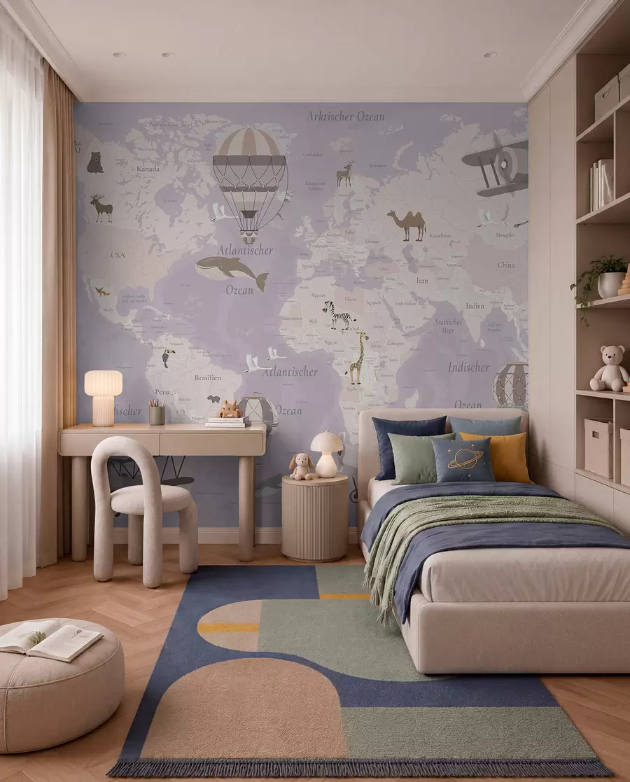 murales Mapa del mundo para niños con animales, aviones y globos aerostáticos. En alemán. Color morado. c00003dev4