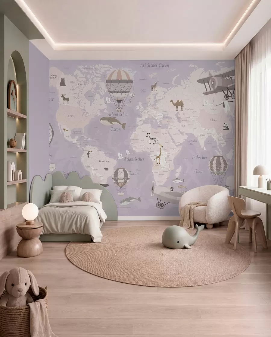 peintures murales Carte du monde pour enfants avec des animaux, des avions et des montgolfières. En allemand. Couleur violette. c00003dev4
