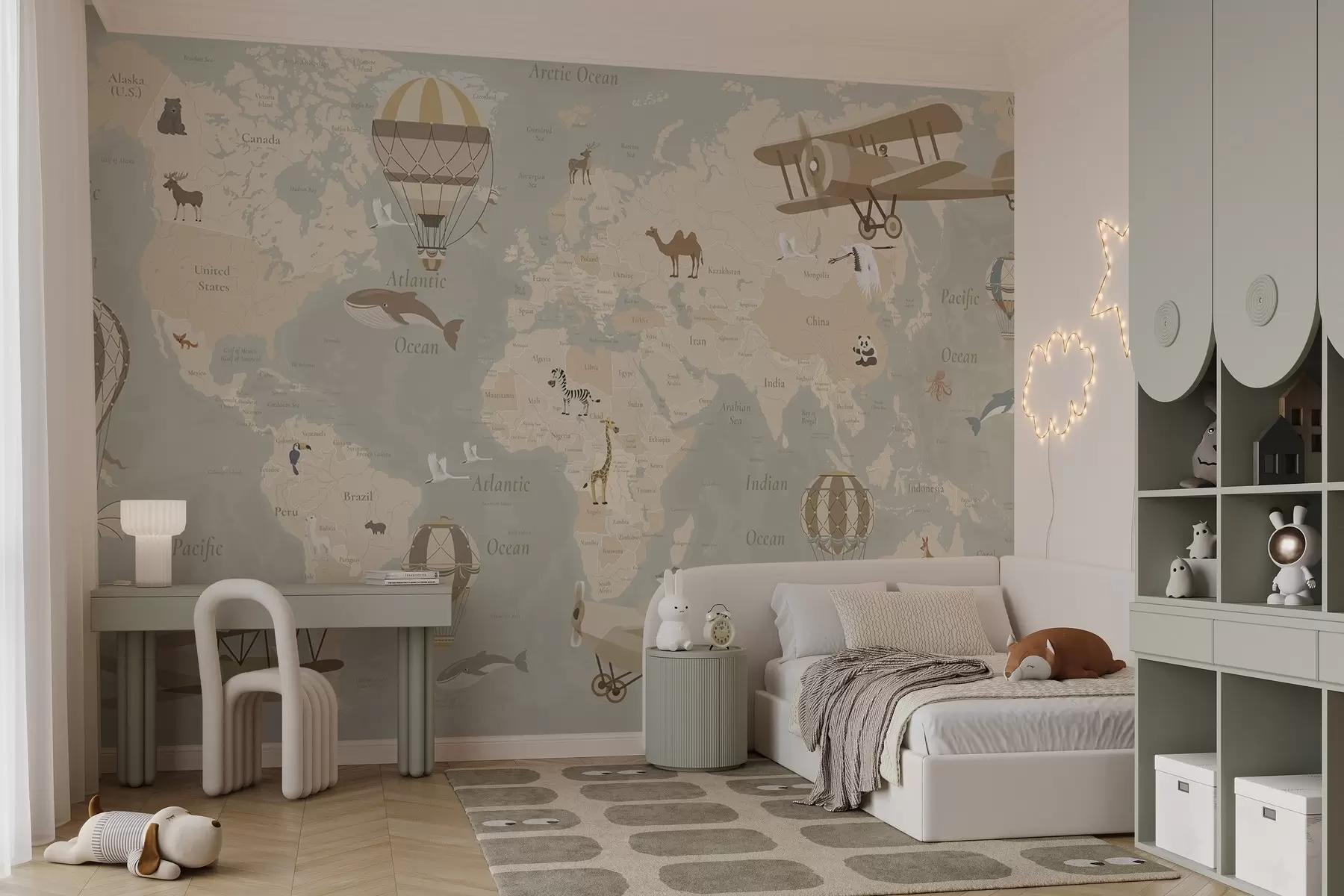 Wall Mural Photo Wallpaper Children's world map with animals, airplanes, and hot air balloons. English language. Beige color c00003en