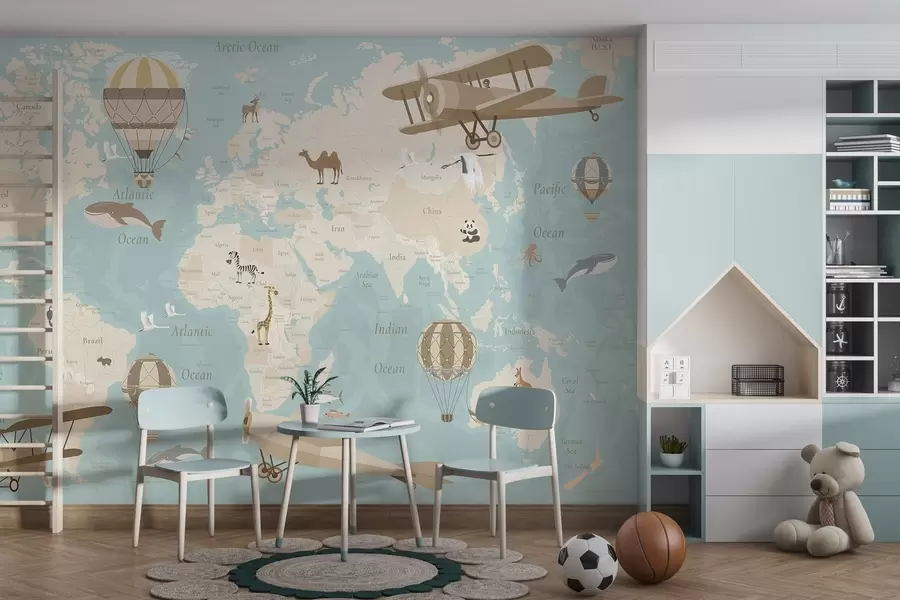 Wall Mural Photo Wallpaper Children's world map with animals, airplanes, and hot air balloons. English language. Blue color c00003env1