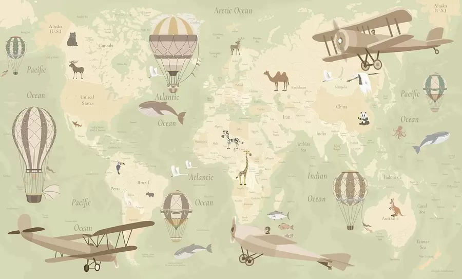 Wall Mural Photo Wallpaper World map for children with animals, airplanes, and hot air balloons. English language. Green color. c00003env2