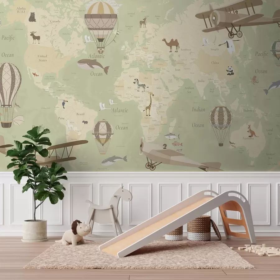 Wall Mural Photo Wallpaper World map for children with animals, airplanes, and hot air balloons. English language. Green color. c00003env2