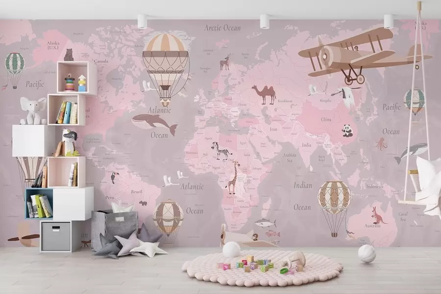 Wall Mural Photo Wallpaper Children's world map with animals, airplanes, and hot air balloons. English language. Pink color c00003env3