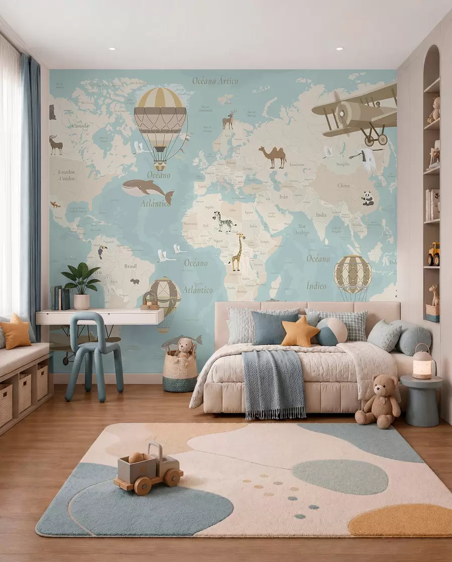 murales Mapa del mundo para niños con animales, aviones y globos aerostáticos. En español. Color azul. c00003esv1