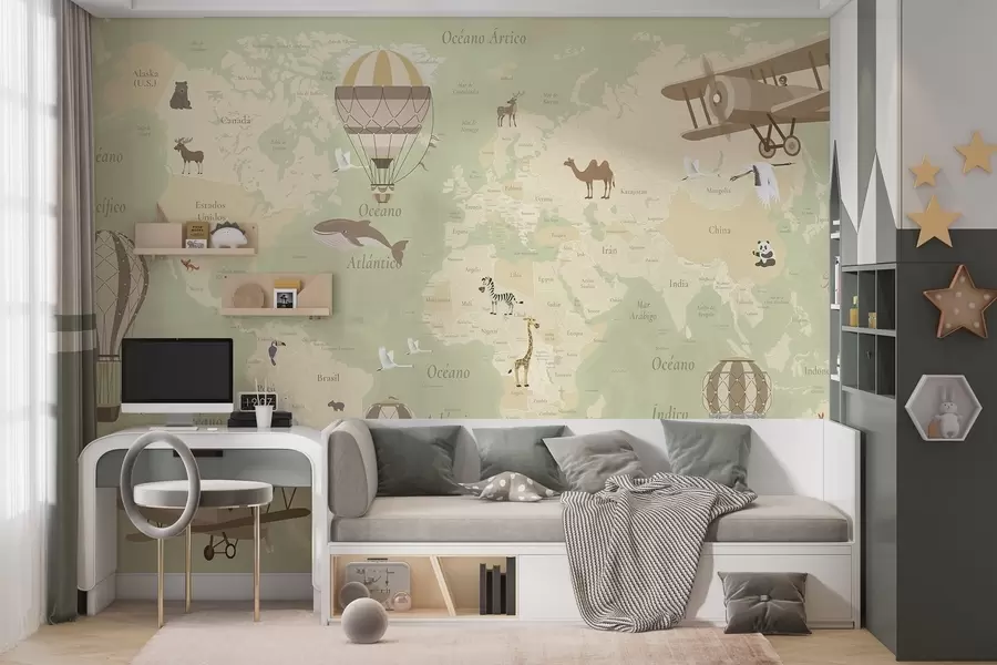 Wall Mural Photo Wallpaper Children's world map with animals, airplanes, and hot air balloons. Spanish language. Green color c00003esv2