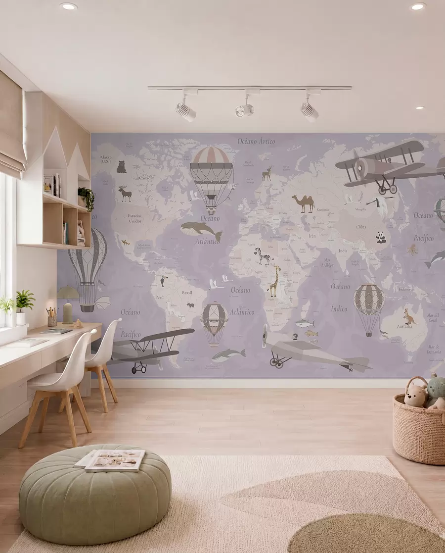 murales Mapa del mundo para niños con animales, aviones y globos aerostáticos. En español. Color morado. c00003esv4