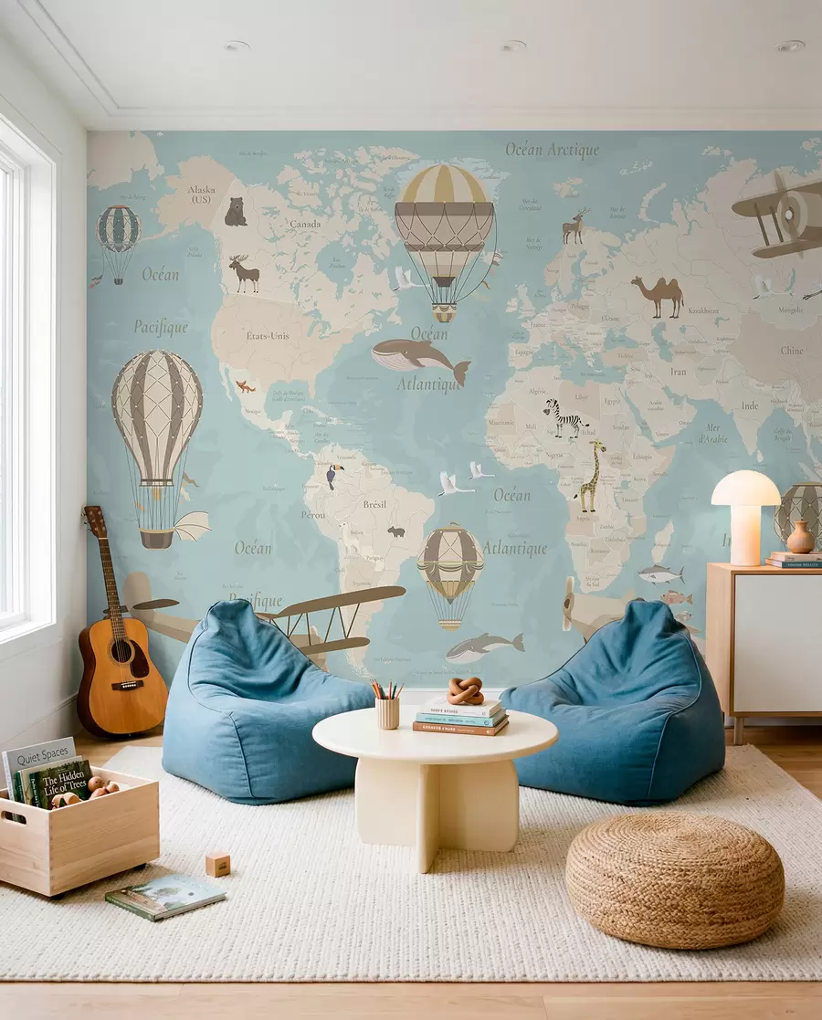 murales Mapa del mundo para niños con animales, aviones y globos aerostáticos. En francés. Color azul. c00003frv1