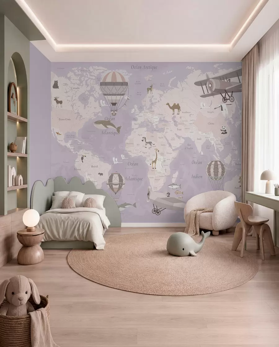 peintures murales Carte du monde pour enfants avec des animaux, des avions et des montgolfières. En français. Couleur violette. c00003frv4