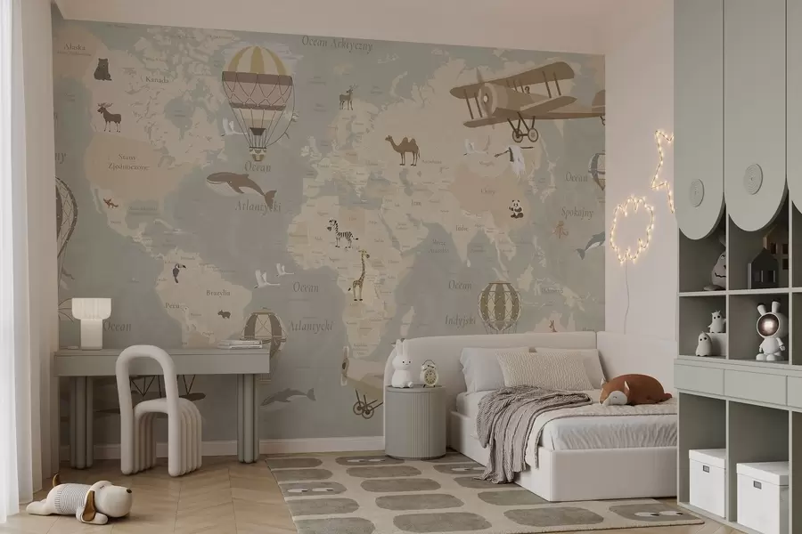 Wall Mural Photo Wallpaper Children's world map with animals, airplanes, and hot air balloons. Polish language. Beige color c00003pl