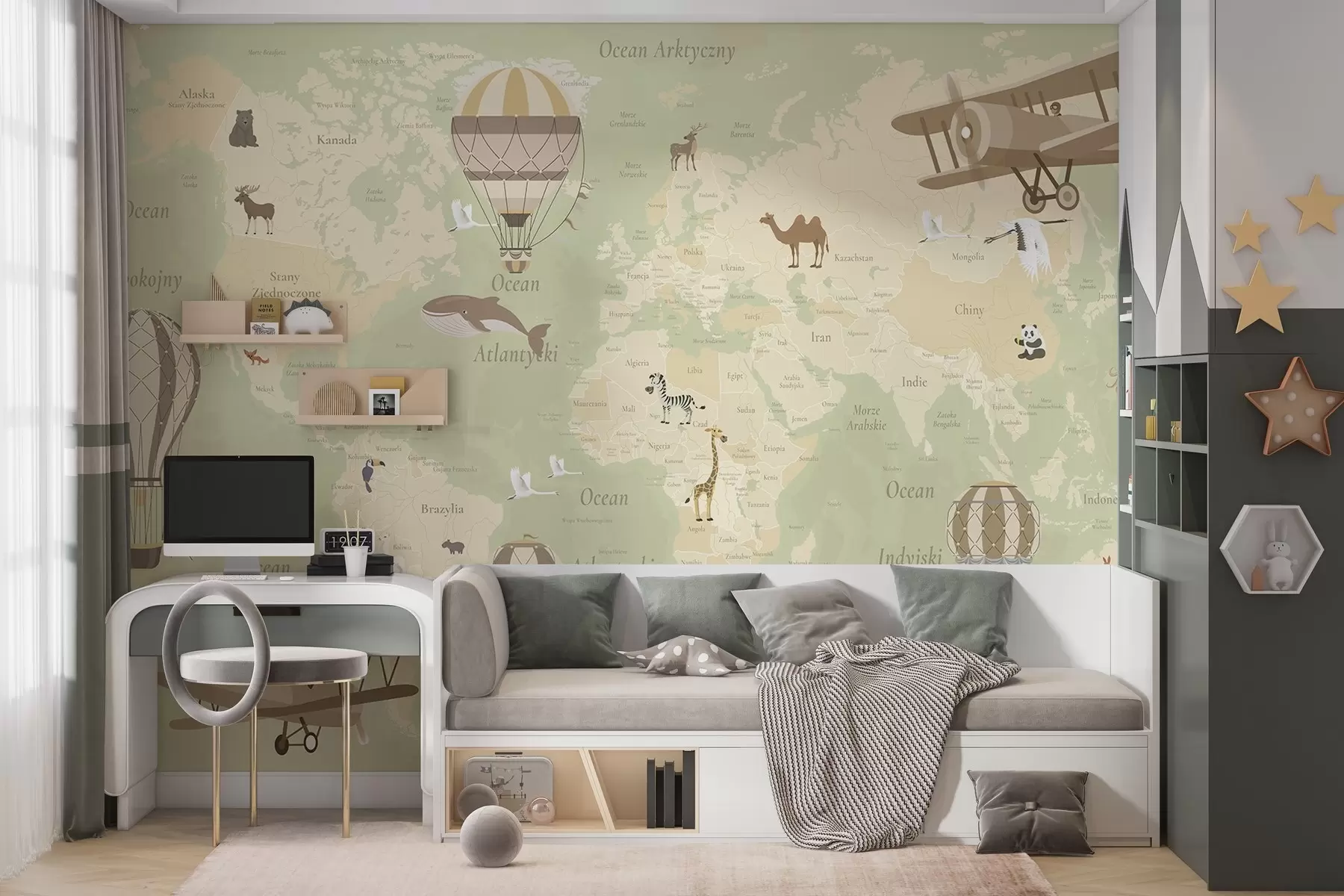murales Mapa del mundo para niños con animales, aviones y globos aerostáticos. Idioma polaco. Color verde. c00003plv2