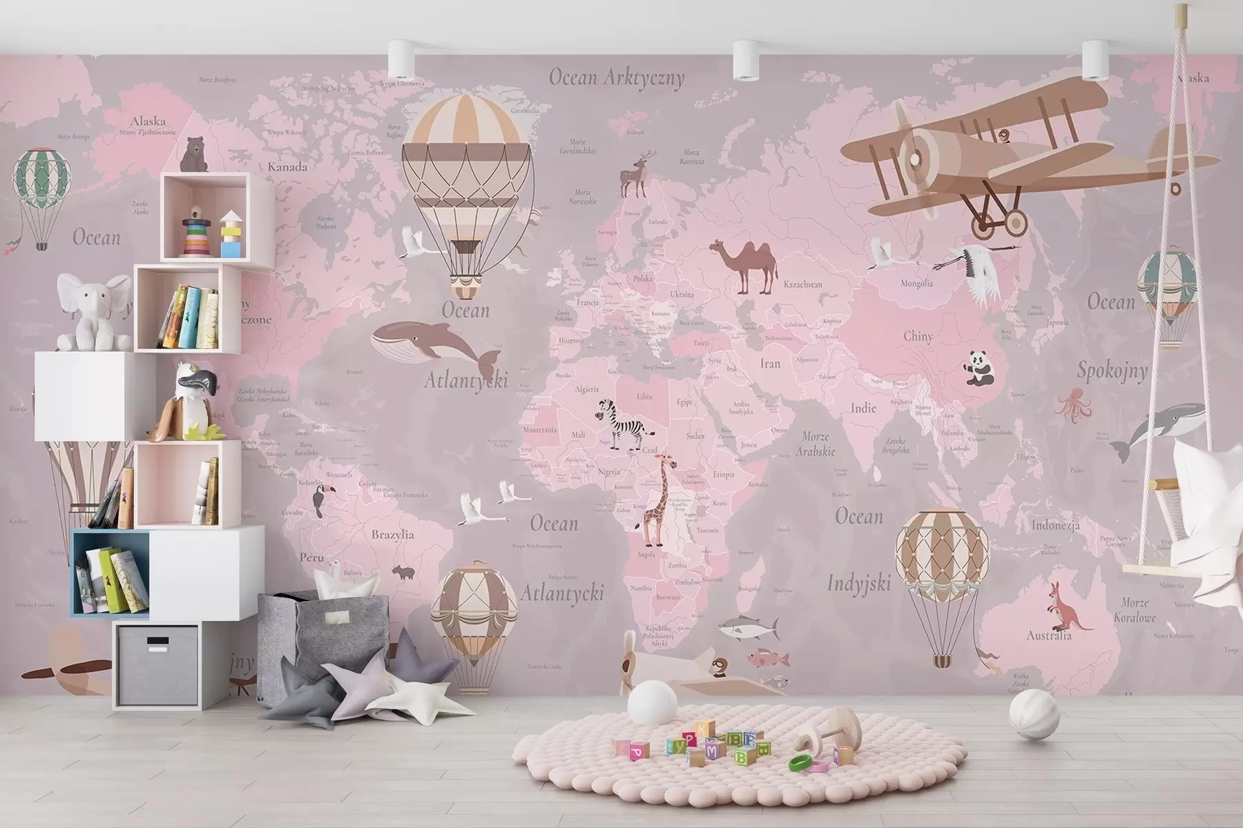 wall murals Children's world map with animals, airplanes, and hot air balloons. Polish language. Pink color c00003plv3