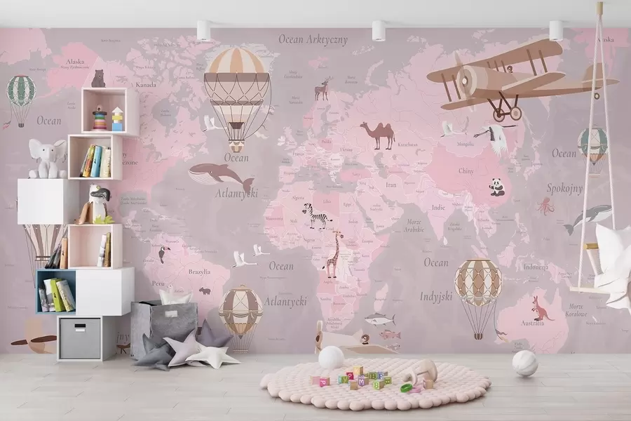 Wall Mural Photo Wallpaper Children's world map with animals, airplanes, and hot air balloons. Polish language. Pink color c00003plv3